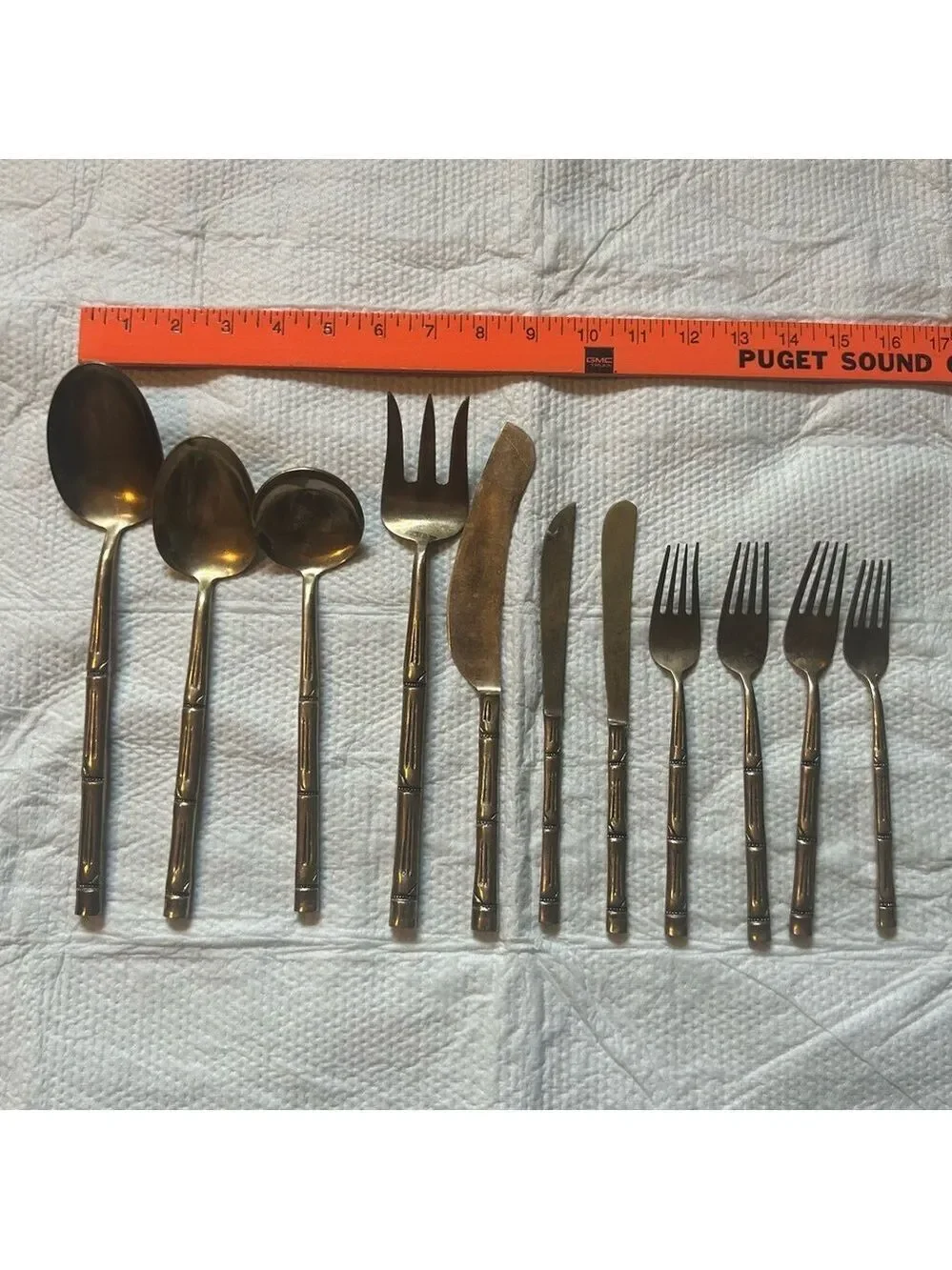 VTG Mid Century Serving Utensils Nickel Bronze Bamboo Design Set of 11 Gold Tone